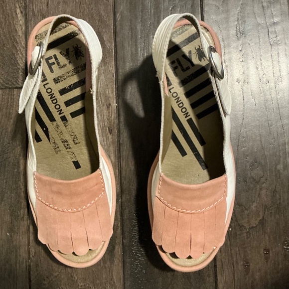 FLY LONDON, Peep Toe, Wedge, Pink/Wht, Sz 37 - Picture 1 of 4